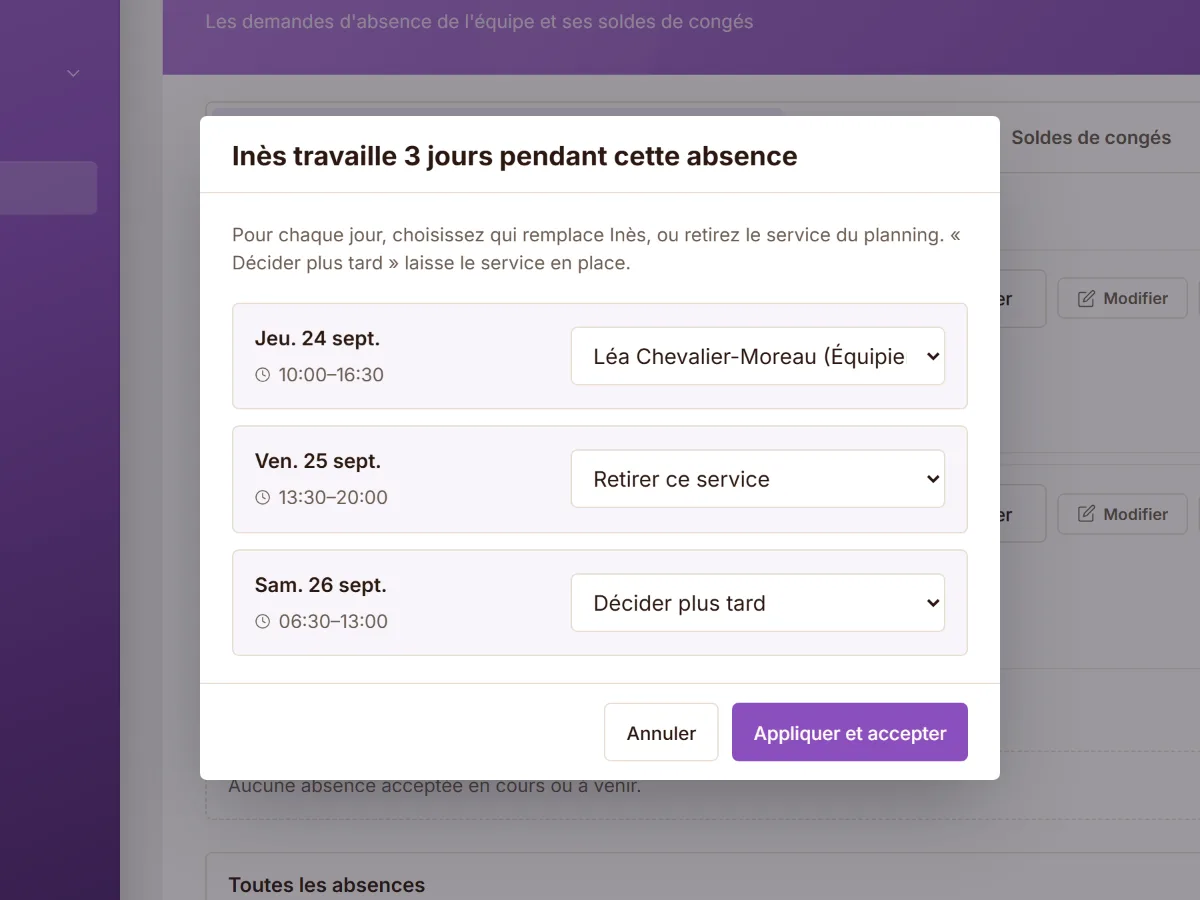 Une absence acceptée sur des services planifiés : un remplaçant ou le service retiré, jour par jour