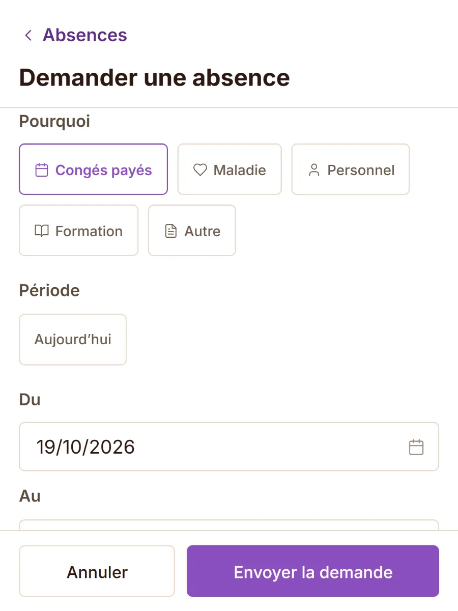 Le formulaire Demander une absence sur le téléphone d’une salariée