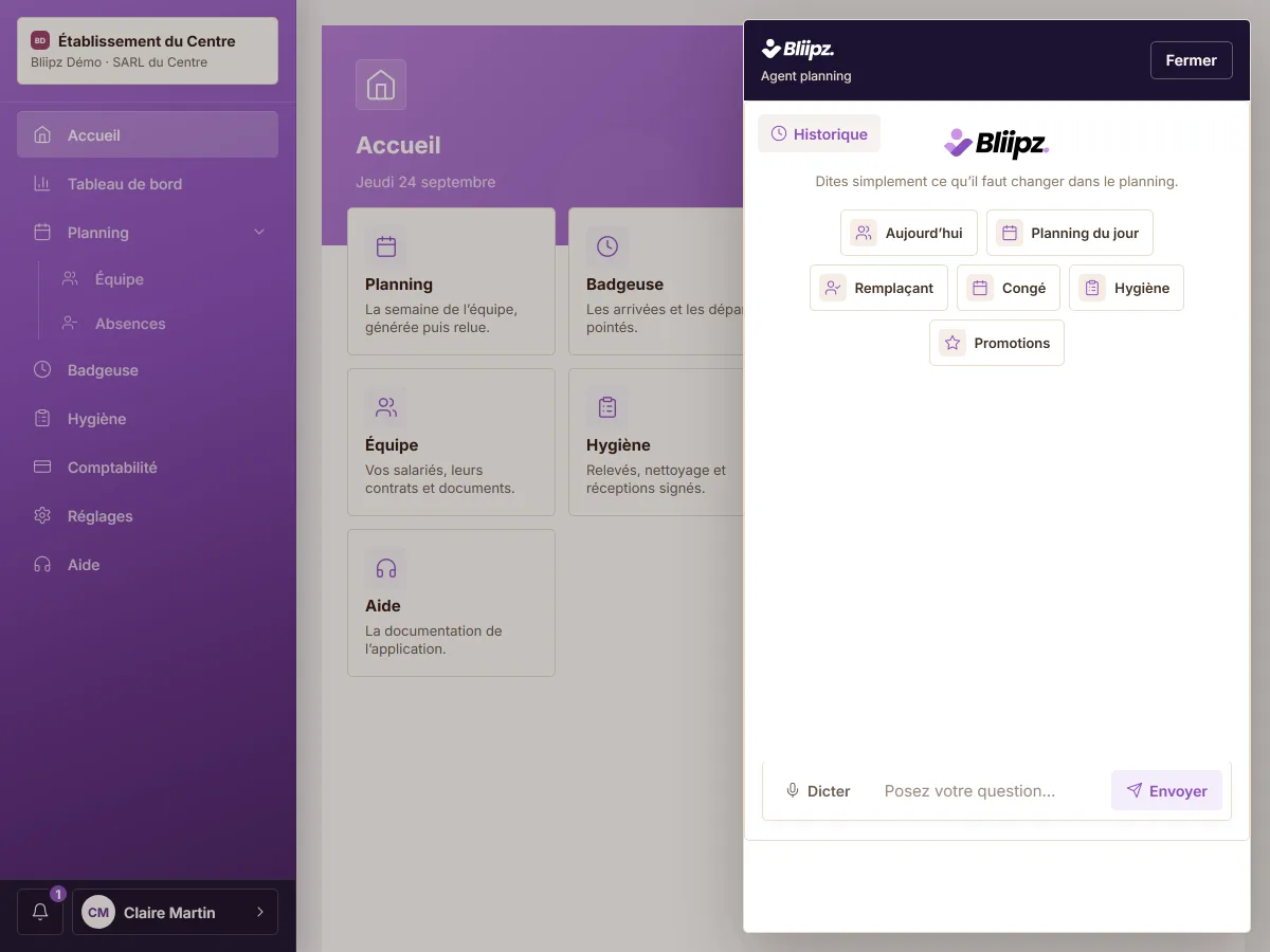 L’accueil de l’assistant Bliipz AI, avec ses raccourcis et Dicter