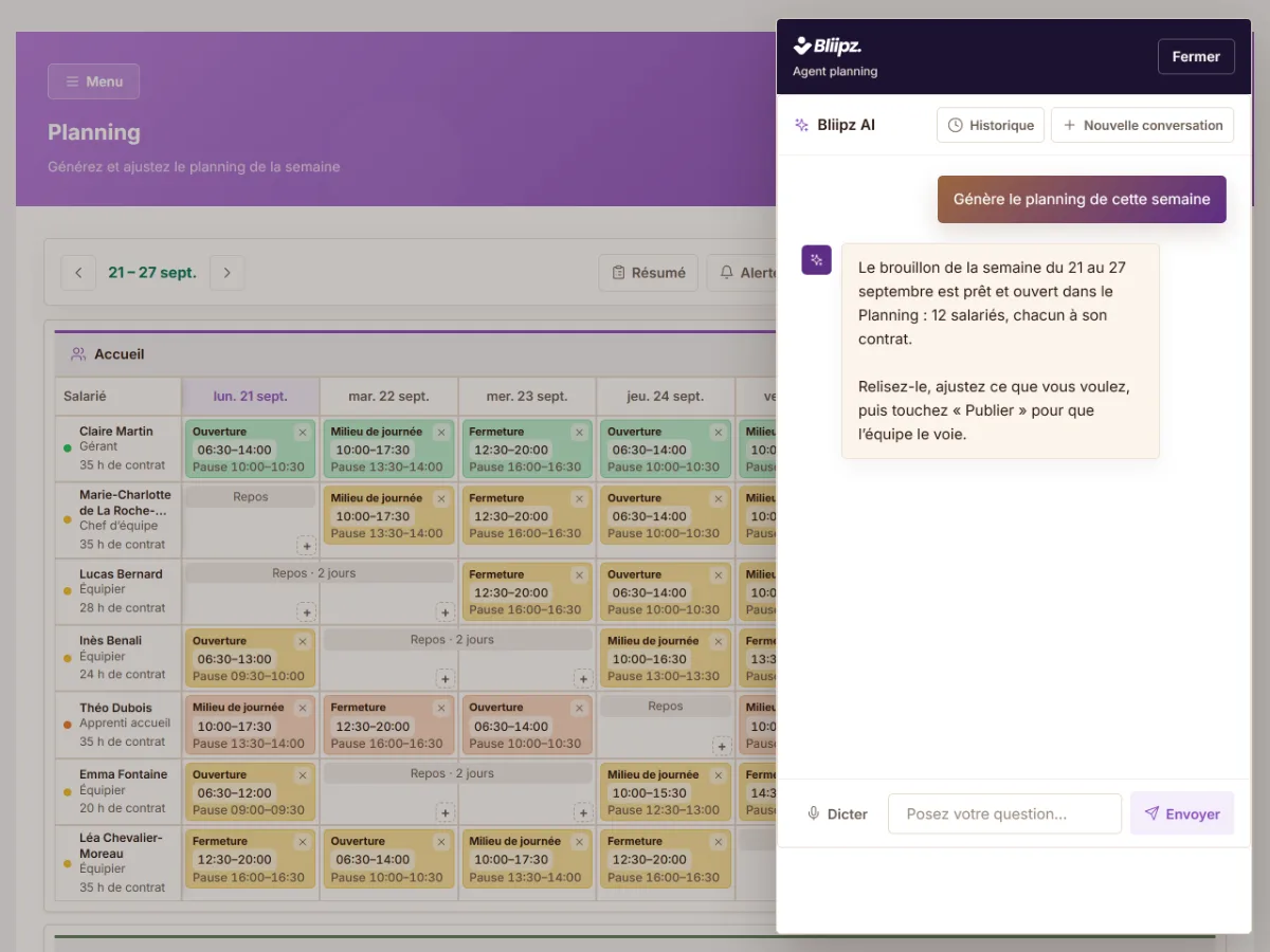 Le planning de la semaine en brouillon, ouvert par l’assistant