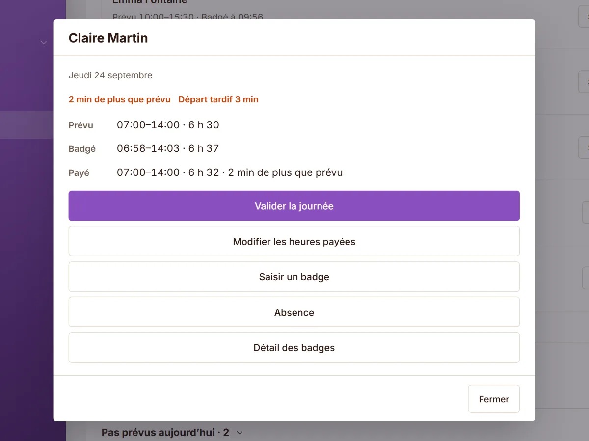 La fiche d’une journée : prévu, badgé et payé, puis Valider la journée