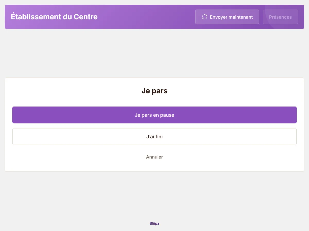 La tablette après « Je pars » et le code : « Je pars en pause » ou « J’ai fini »