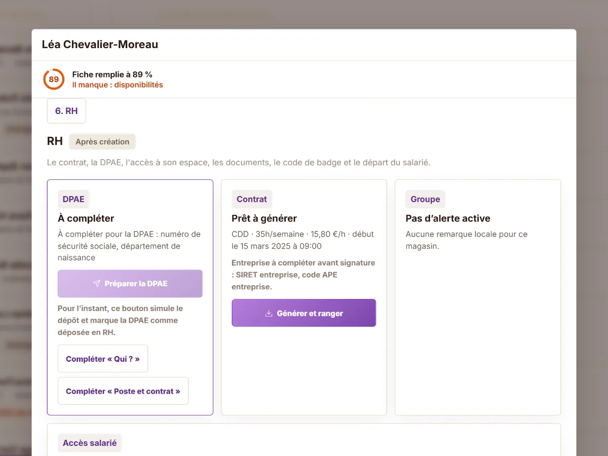 La partie RH d’une fiche : contrat prêt à générer, DPAE à compléter