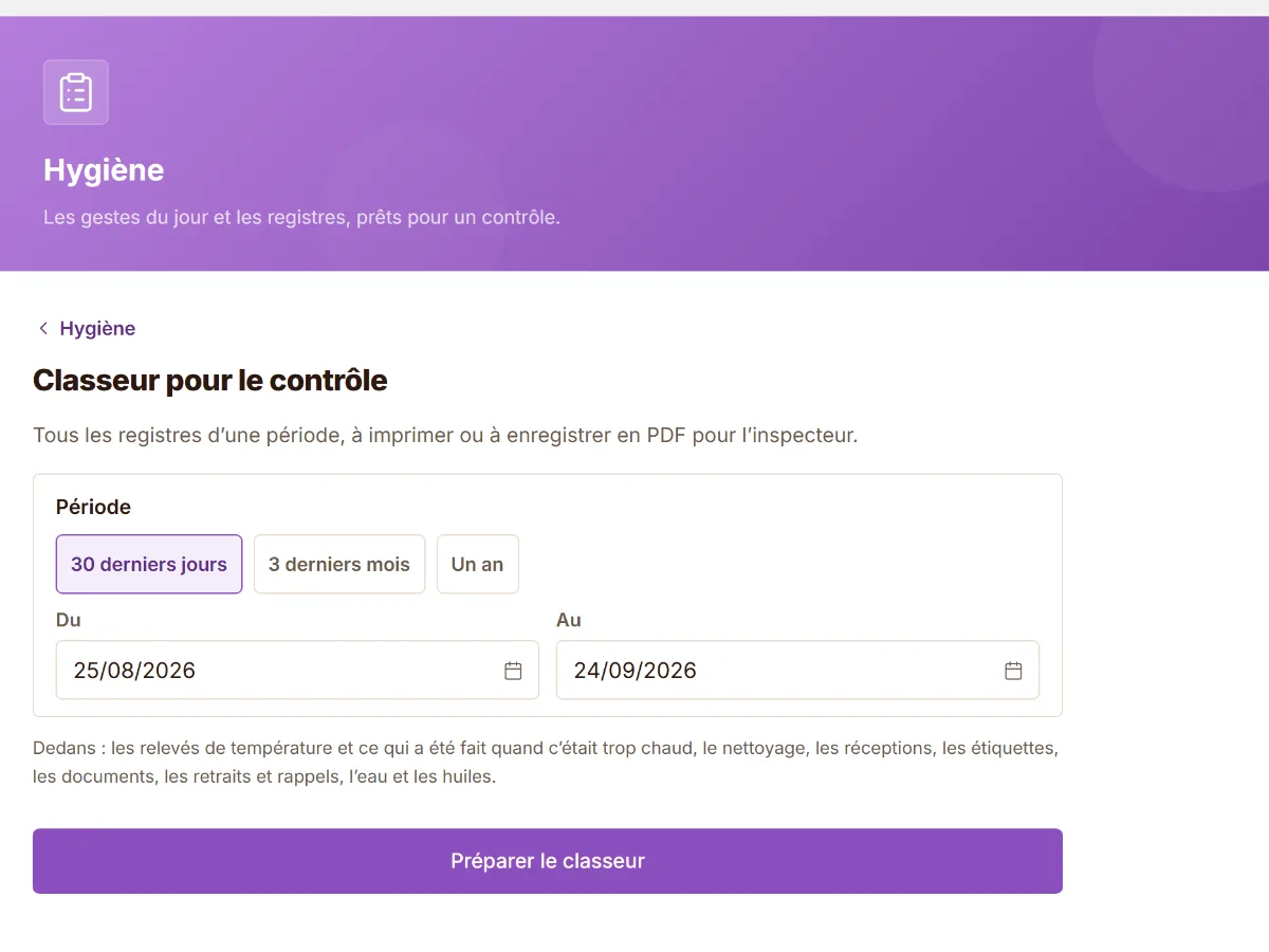 Le classeur pour le contrôle, avec sa période et Préparer le classeur