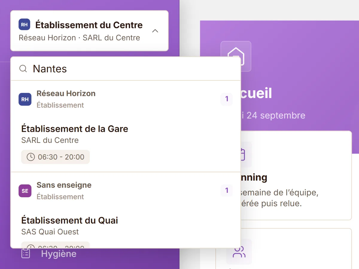 Le sélecteur d’établissement filtré par ville, avec un établissement sans enseigne
