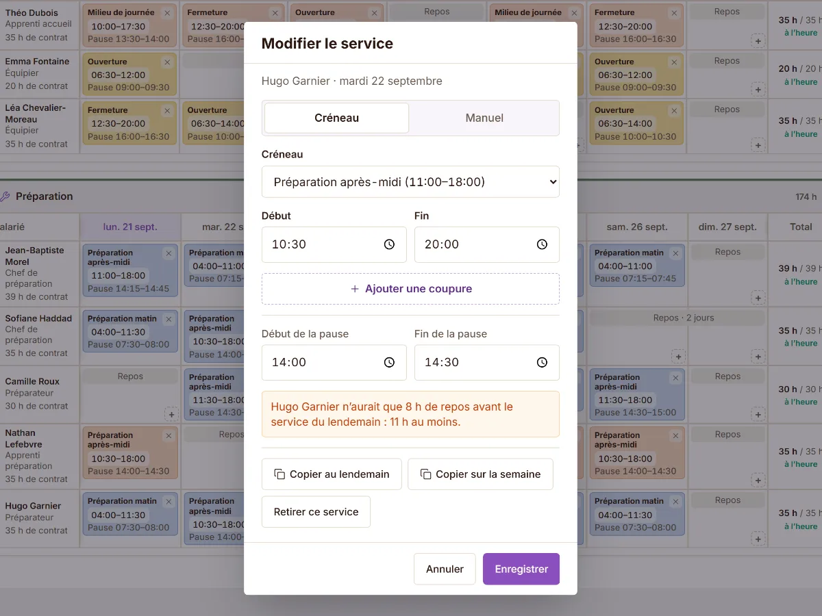 La retouche d’un service refusée : il ne resterait que 8 heures de repos avant le lendemain