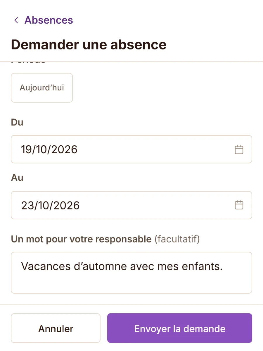 Une demande d’absence remplie sur le téléphone, prête à envoyer