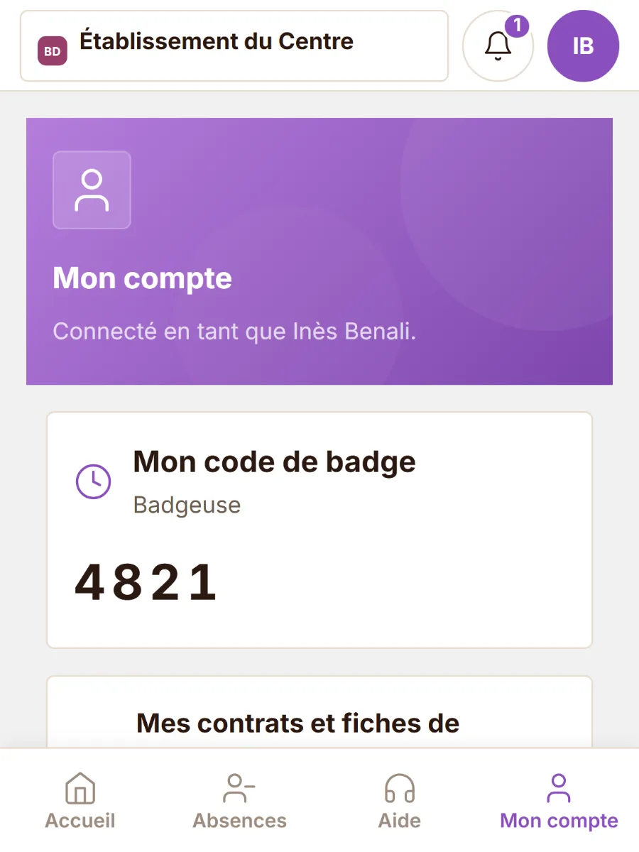 Mon compte : le code de badge et les contrats et fiches de paie